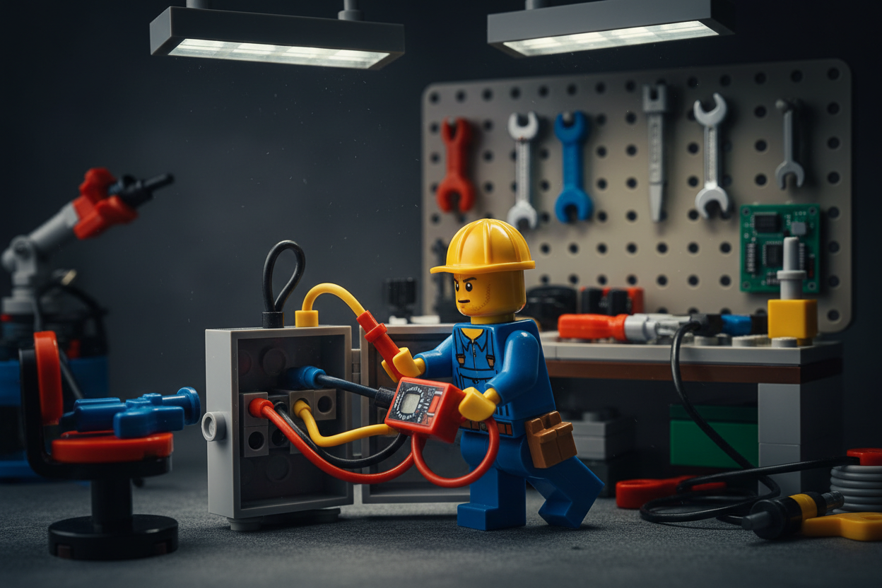 a leggo figurine testing an electric box with cables